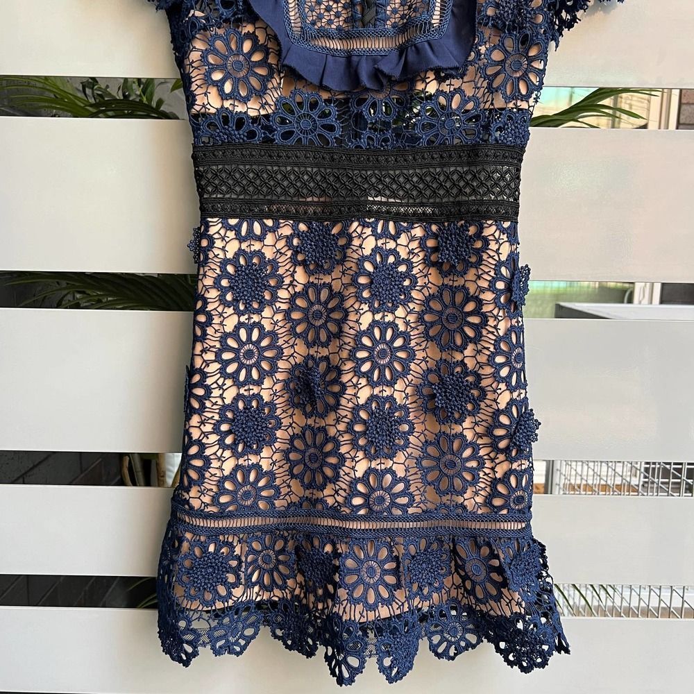 Self-Portrait Navy Floral Crochet Mini Dress with Black Waist Detail - Picture 8 of 14